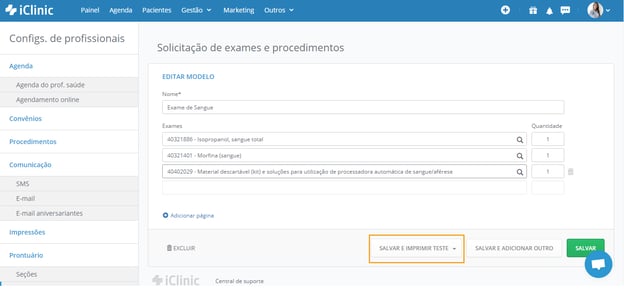 salvar e imprimir teste